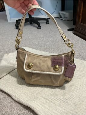Coach Tan Signature Canvas Shoulder Bag with Gold Hardware